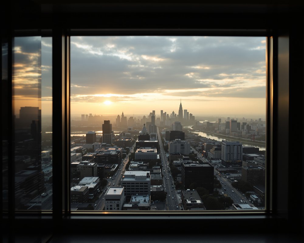 View from a high-rise window over an American city