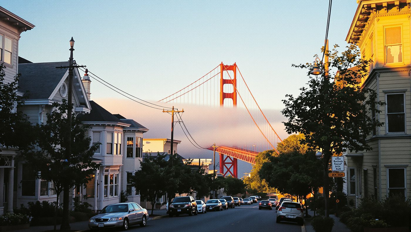 A San Francisco street lined with Victorian houses, the Golden Gate Bridge glowing at the far end in the evening light.