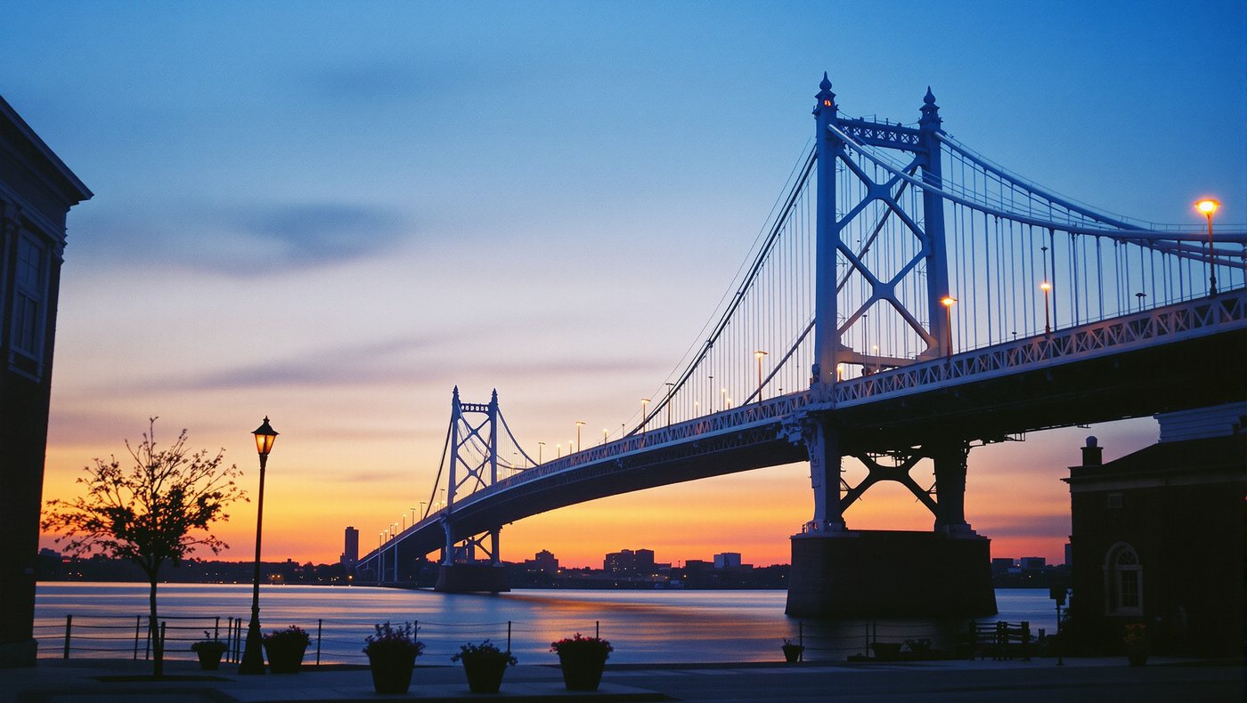 A suspension bridge over the Delaware River at sunset, with lanterns along the bank.