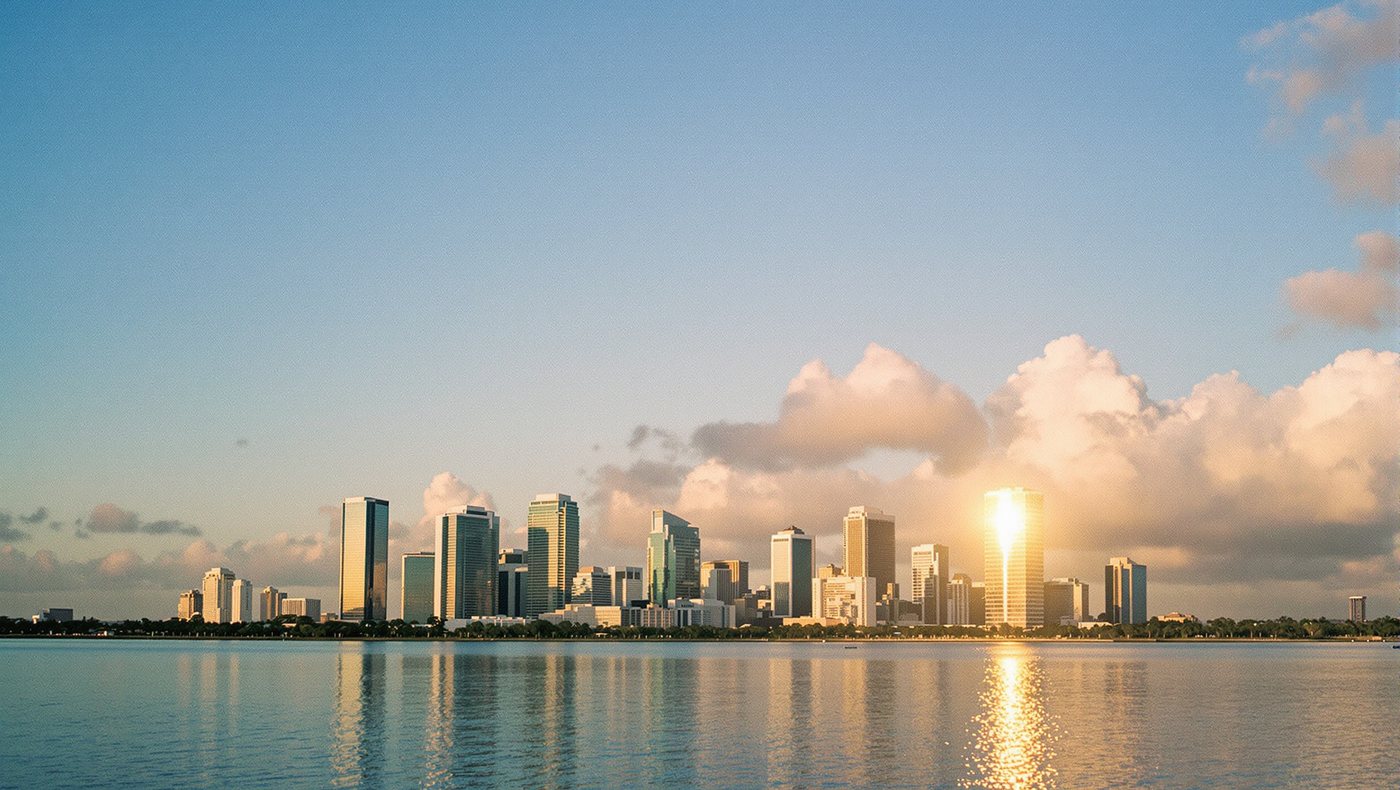 The Miami skyline across the water, with the sun reflecting between the high-rises.