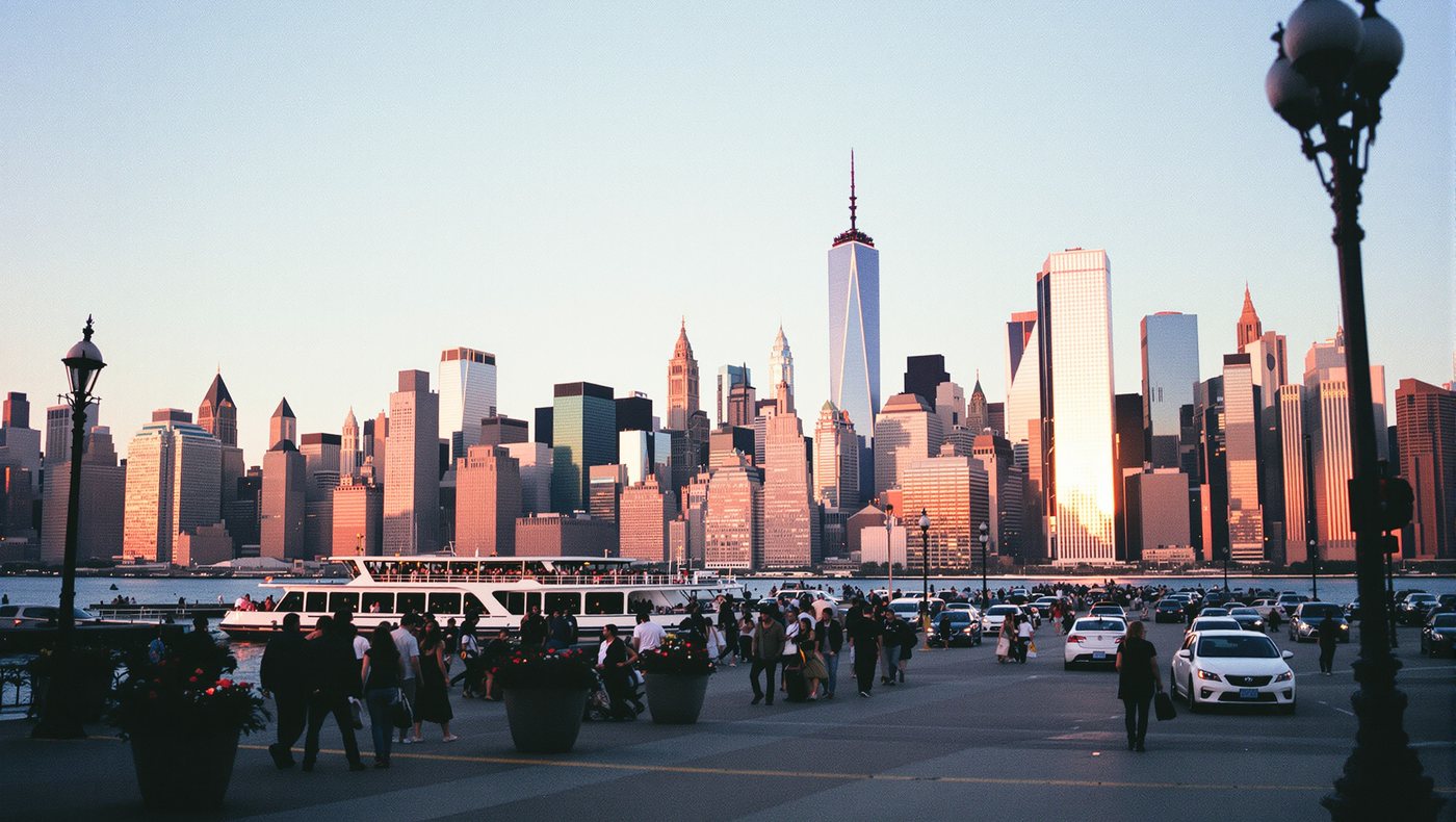 The Lower Manhattan skyline with One World Trade Center, a busy waterfront promenade in the foreground.