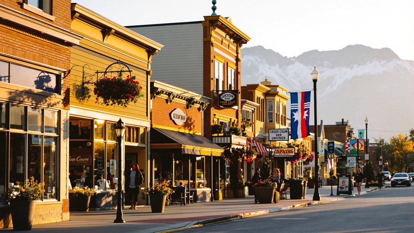Main street of a small Wyoming town with shops and flower baskets, mountains behind.