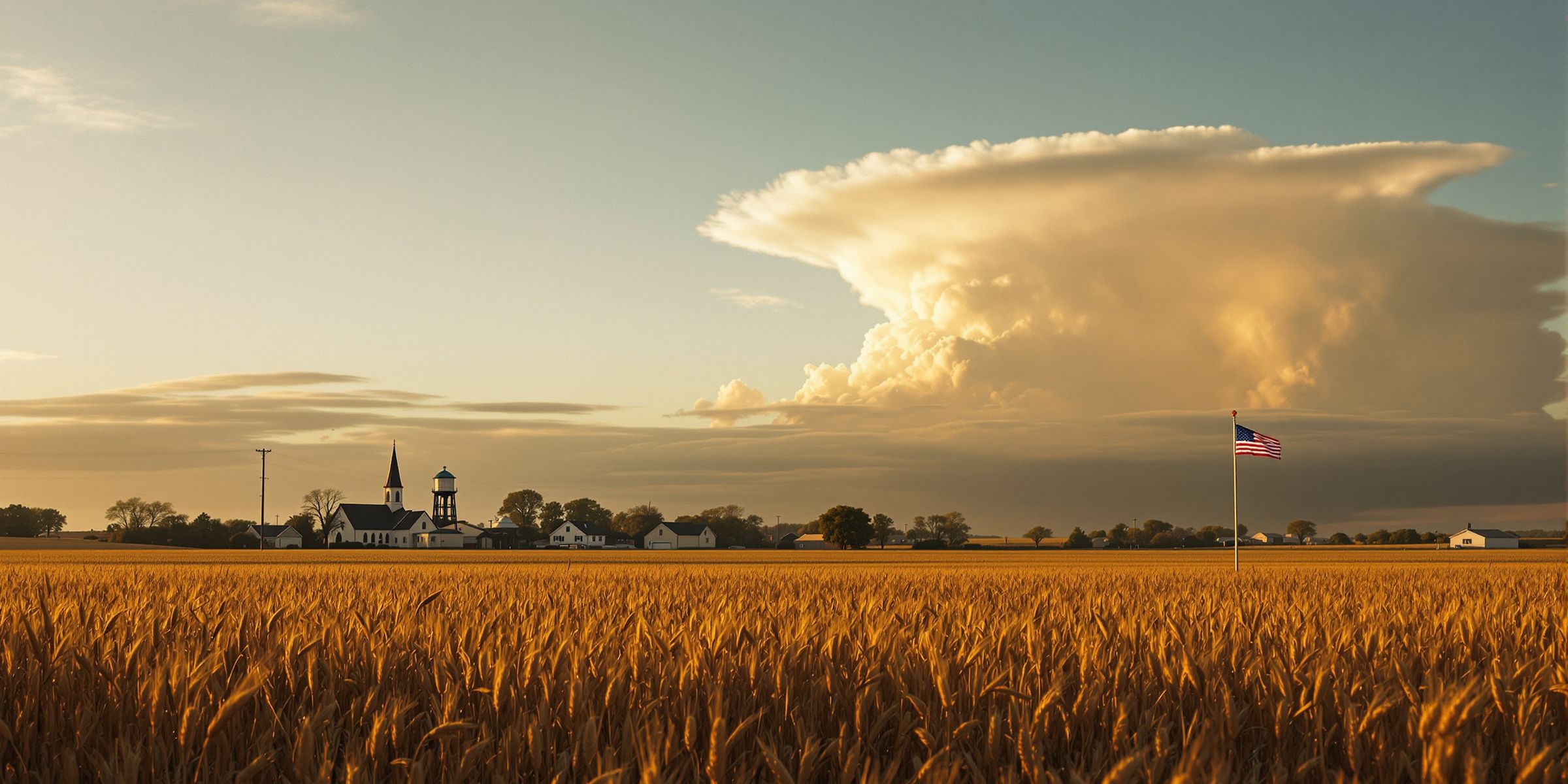 American farmland in the evening light, a small town on the horizon