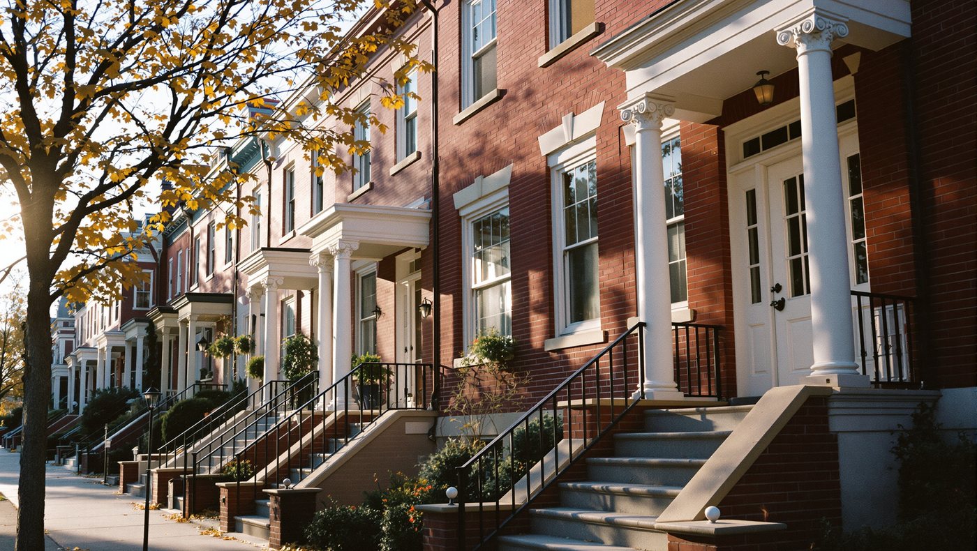 Brick townhouses with white columns and front steps on a Delaware street in autumn.