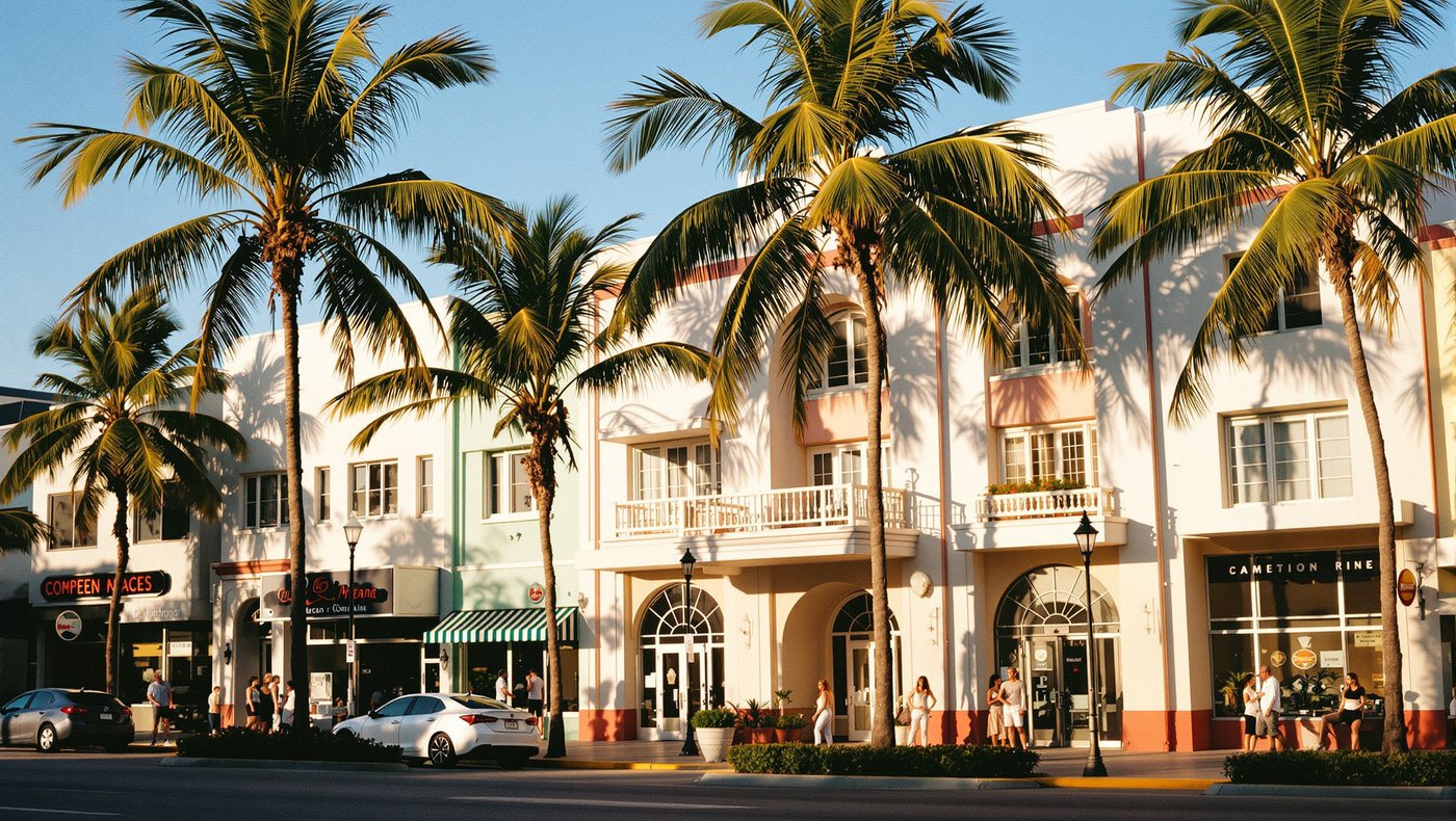 Palm trees in front of white buildings with shops and balconies along a street in Florida.