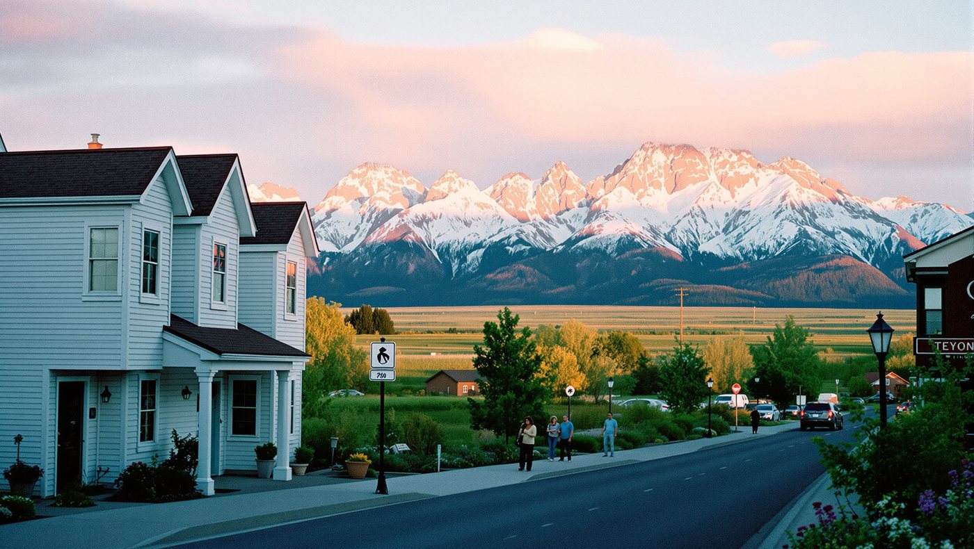 Houses along a street in a small Wyoming town, with snow-capped mountains behind them in the morning light.