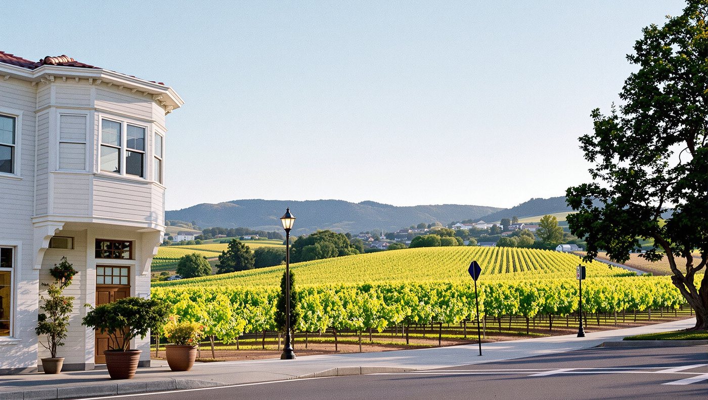 Vineyards in a California valley, with a bright house and lanterns in the foreground.