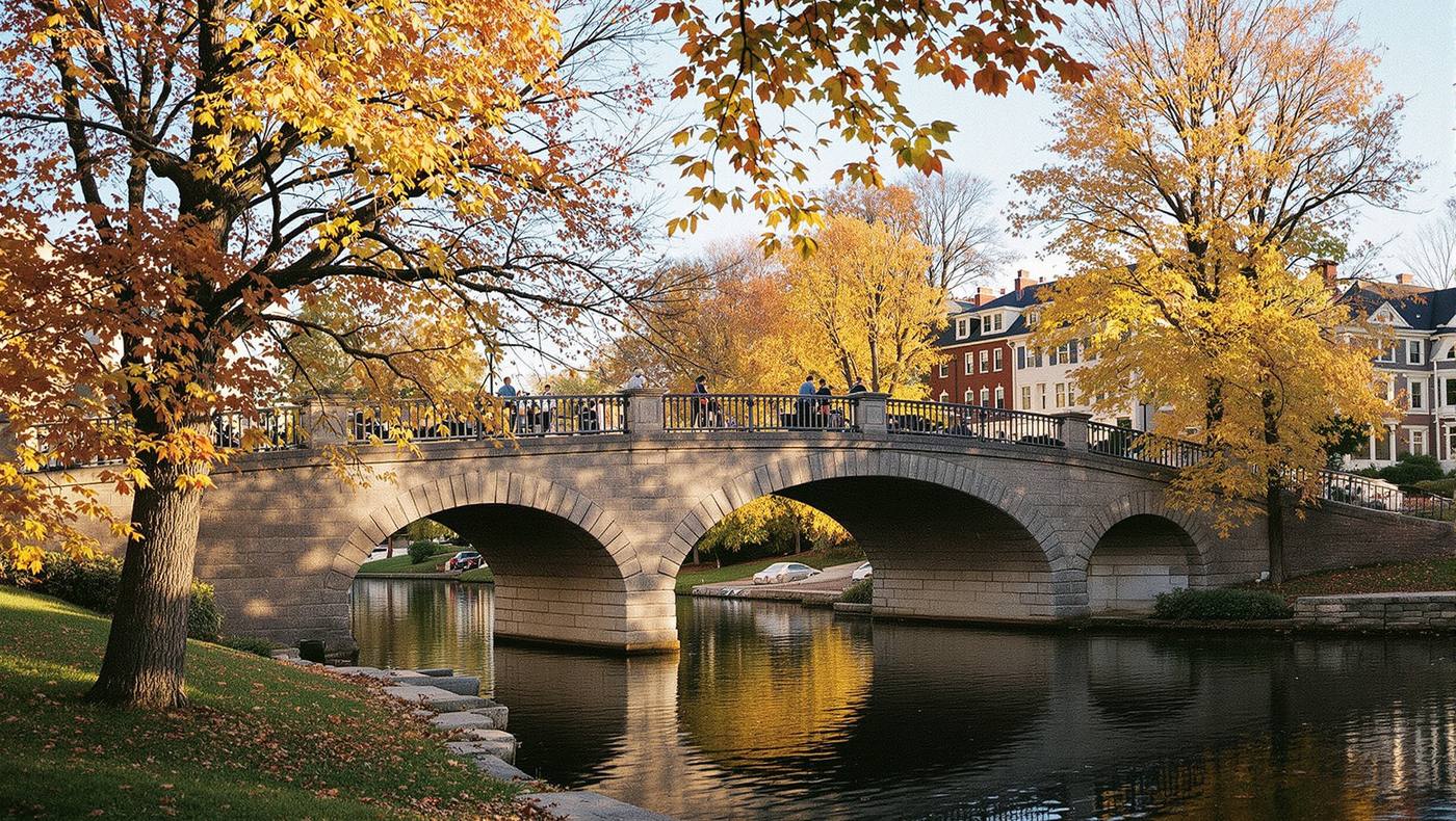 A stone arch bridge over a river in a park, trees in autumn colors.