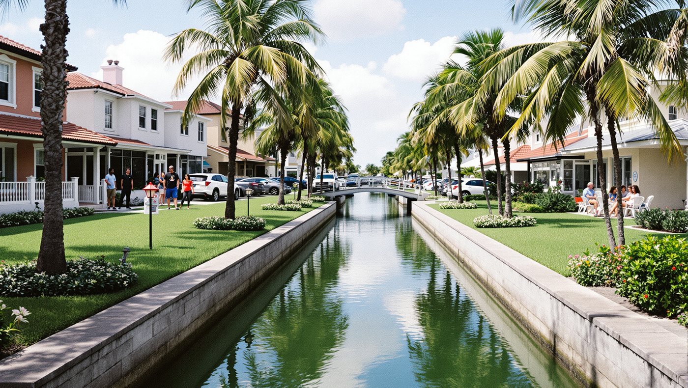 A canal between neatly kept lawns, palm trees and bright houses in Florida.