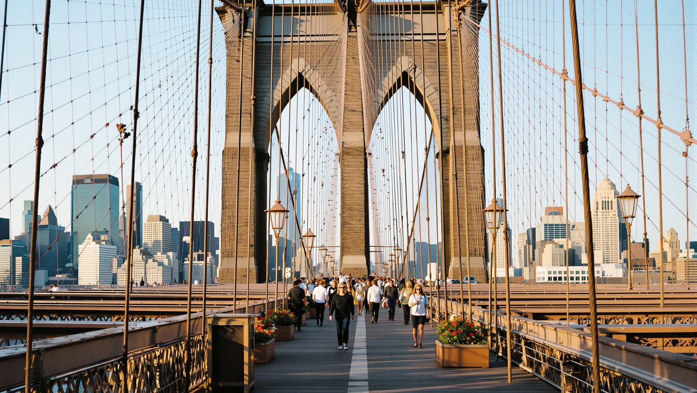 Pedestrians on the Brooklyn Bridge, with the Manhattan skyline behind the arches.