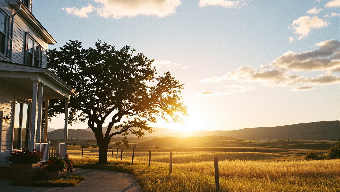 An oak tree in a pasture in the Texas Hill Country under a low sun, a porch on the left.