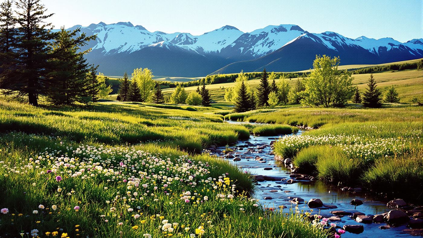 A stream running through a meadow in bloom, with the mountains of Wyoming behind it.