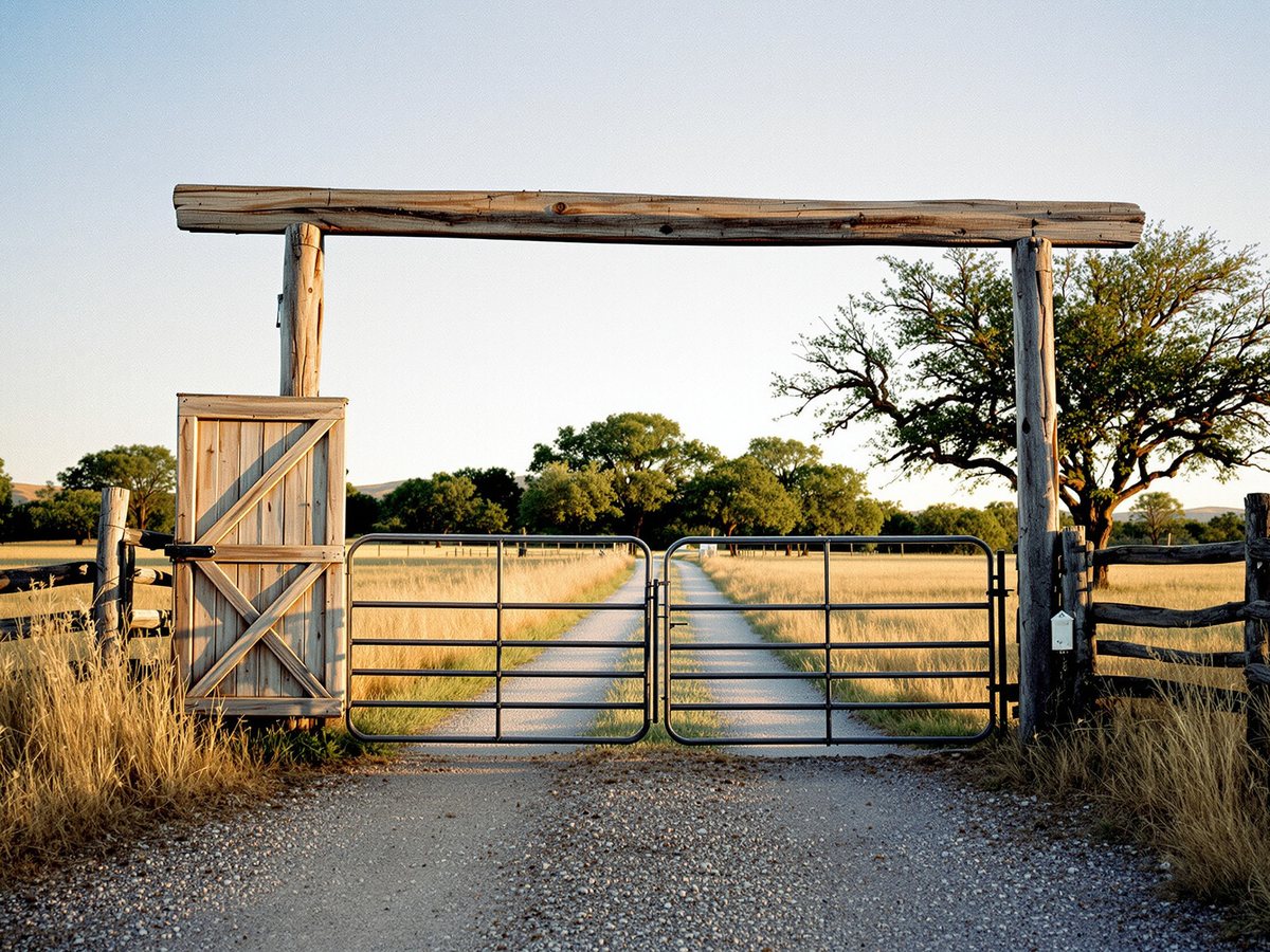 A wooden ranch gate opens onto a gravel road leading between pastures and oaks to a Texas ranch.