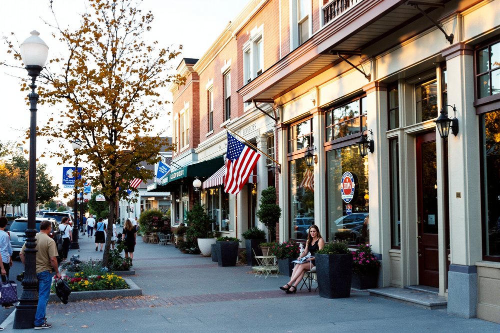 Main Street in a small Texas town in the morning: shops with awnings, people on the sidewalk, a US flag on a storefront.