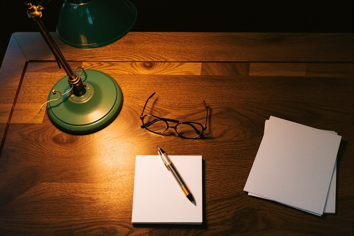 Desk with a lamp, glasses, a pen and blank sheets of paper