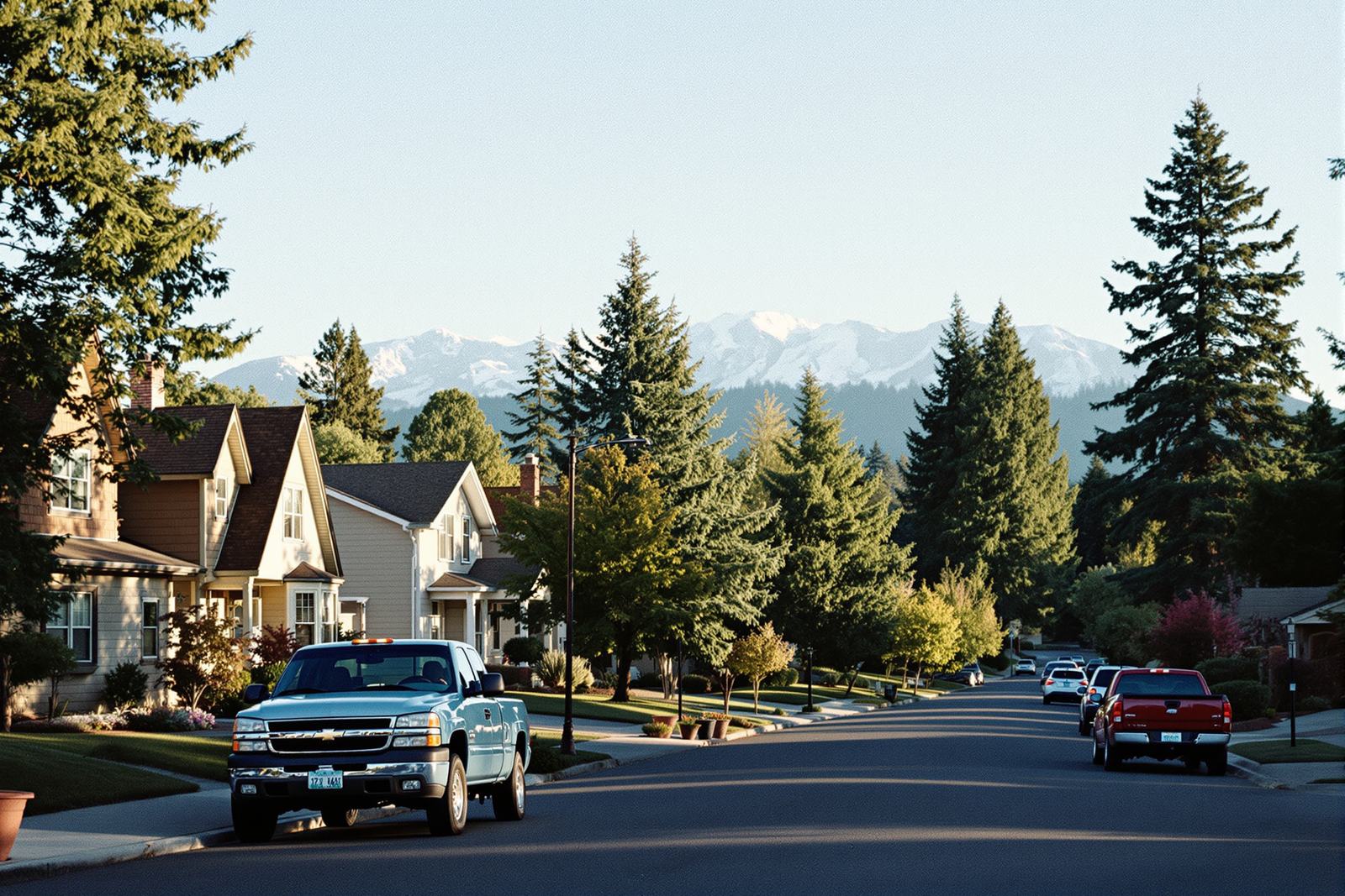 Illustration, not a photo of Bend: a typical residential street in the Central Oregon high desert
