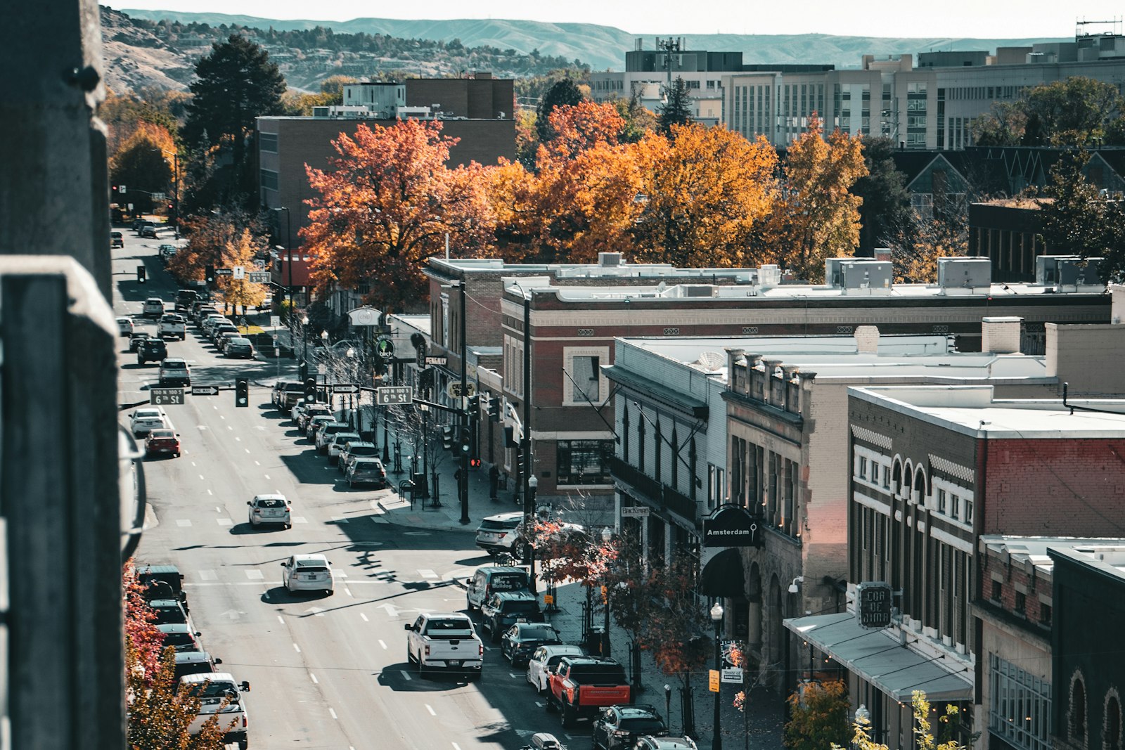 Aerial view of a main street in downtown Boise with the Foothills in the background