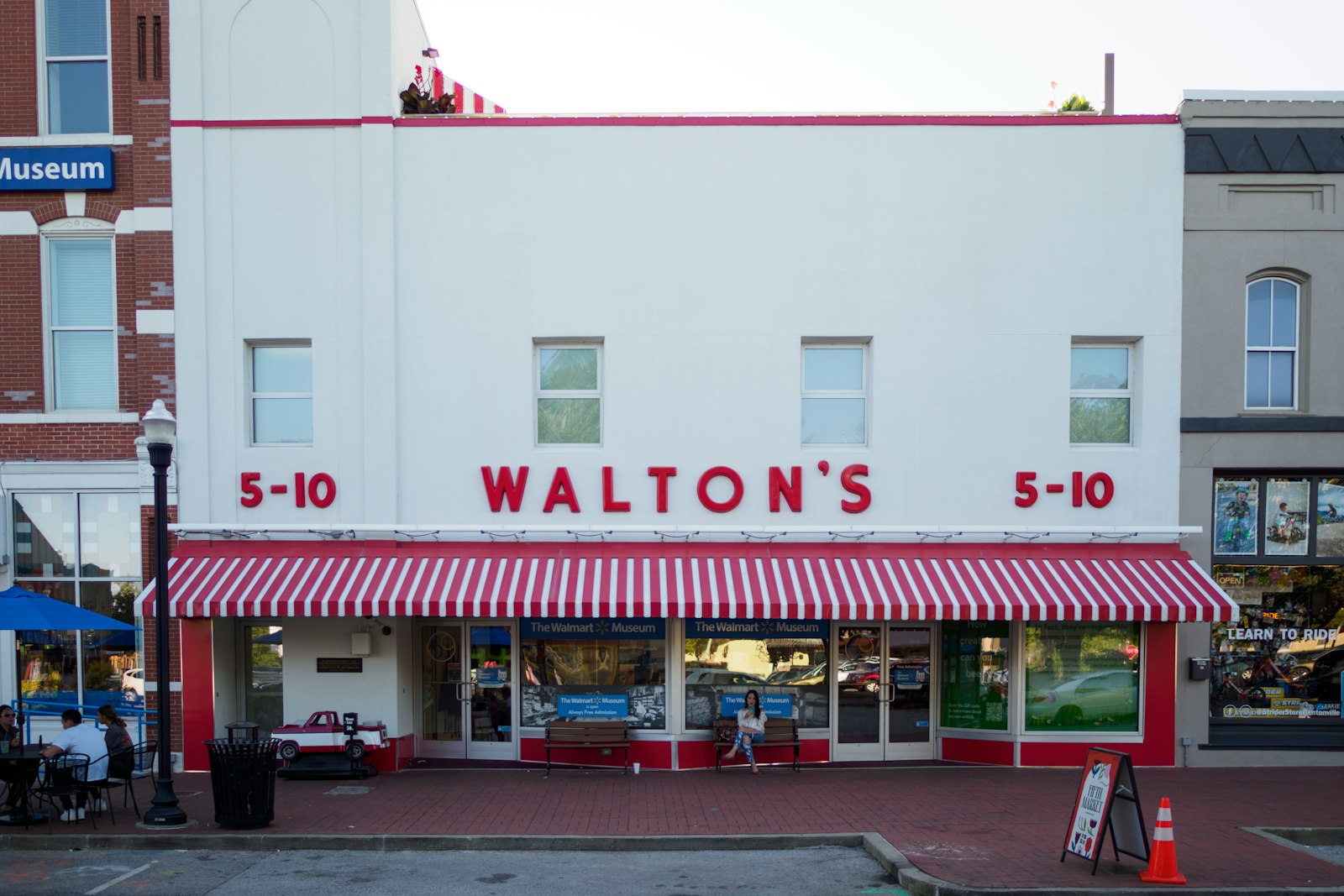 The historic Walton's 5-10 store with its red-and-white striped awning in Bentonville, Arkansas