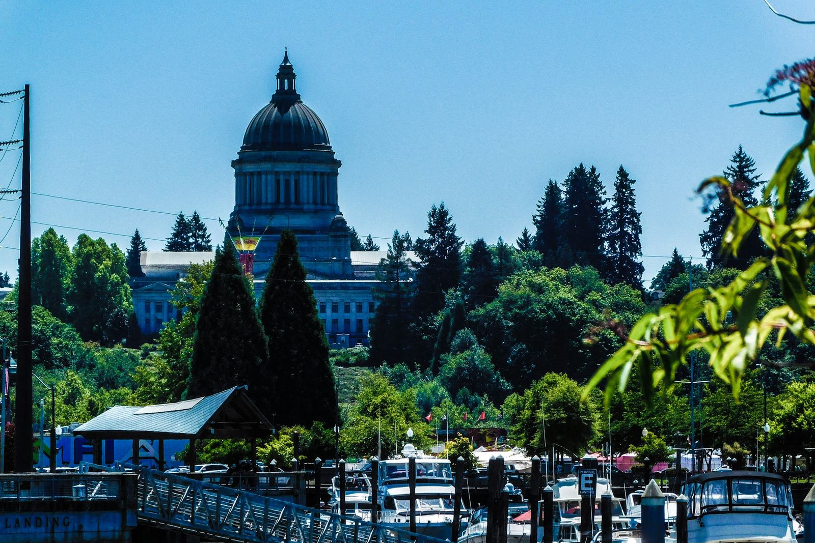 The Washington State Capitol in Olympia behind Capitol Lake