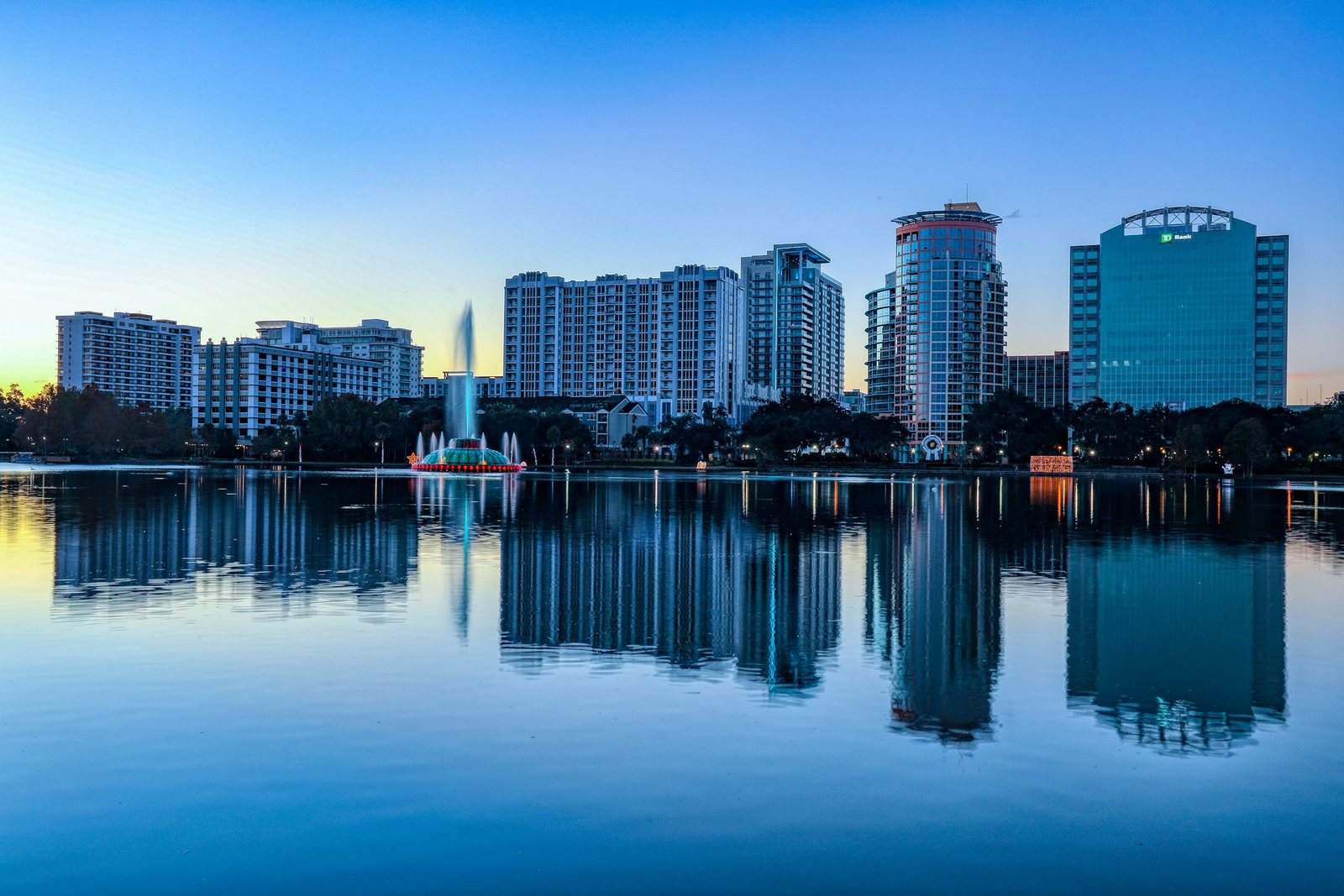 Downtown Orlando in the morning, seen across Lake Eola