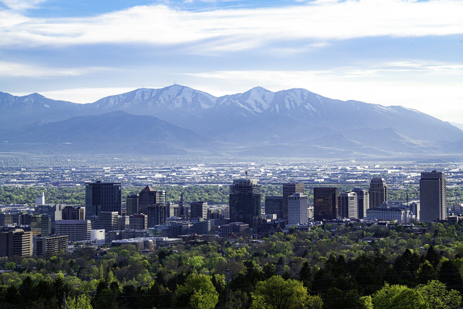 The Salt Lake City skyline against the Wasatch Range